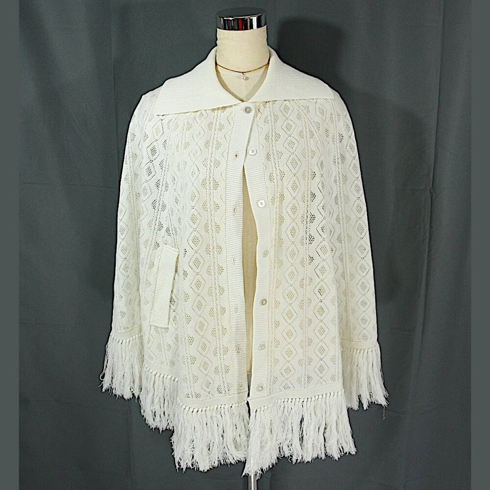 Vintage Open Knit Poncho Button Front Cape Shawl Sweater Fringe Trim Off White M